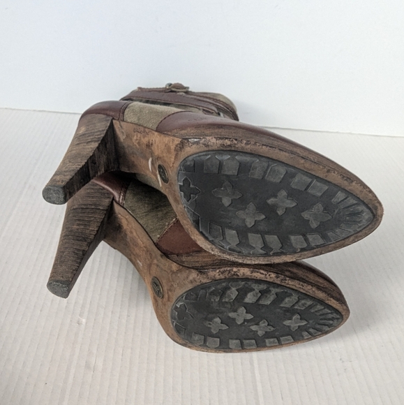 Frye Harlow Multi Strappy Harness BrownbTan Heeled Leather Canvas Boots 10 M - Picture 11 of 12